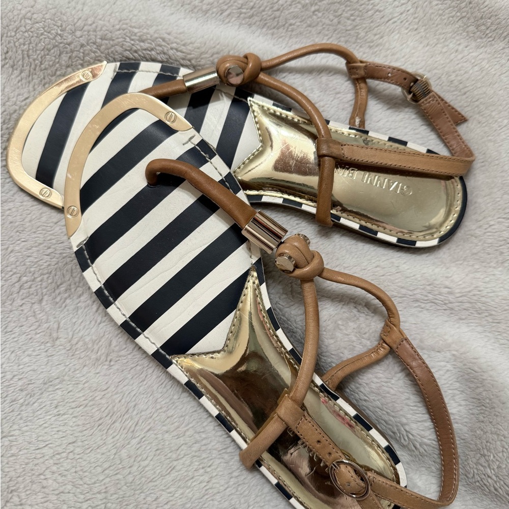 Gianni Bini Navy and White Striped Sandals with Tan Straps